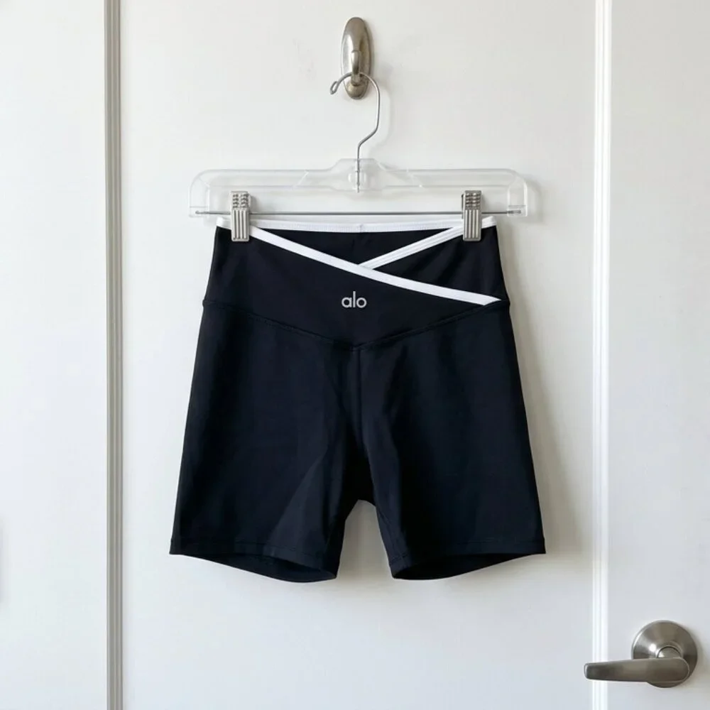 Alo Inspired Crossover Waist Yoga Shorts Black Athleisure Activewear - Picture 2 of 5